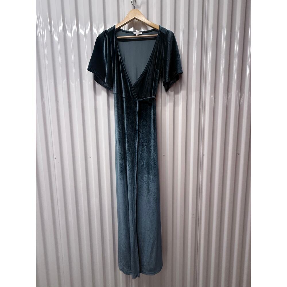 BALTIC BORN Katelyn blue green velvet short sleeve maxi wrap long dress - Picture 2 of 12